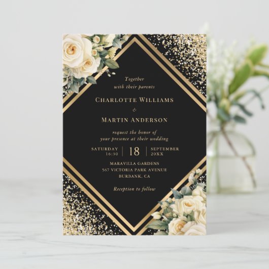 Elegante Hochzeit von Elfenbein-Rose Einladung (Stehend Vorderseite)