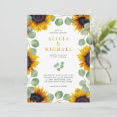 Elegante Hochzeit von Eukalyptus-Sonnenblumen Einladung (Stehend Vorderseite)
