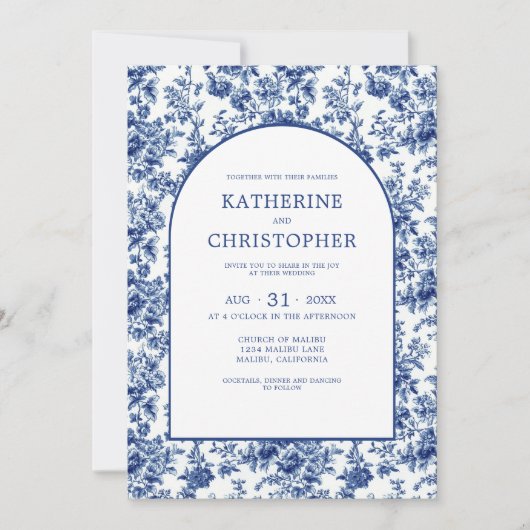 Elegante Hochzeit von French Country Blue Toile Einladung (Vorderseite)