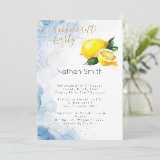 Elegante Hochzeit von Lemon Yellow & Blue Watercol Einladung (Stehend Vorderseite)