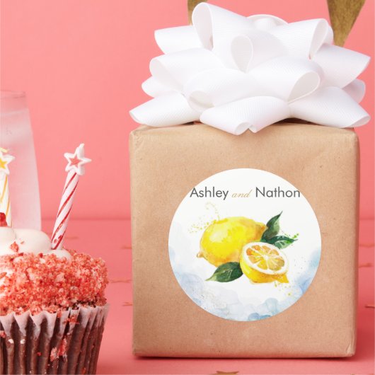 Elegante Hochzeit von Lemon Yellow & Blue Watercol Runder Aufkleber (Party)