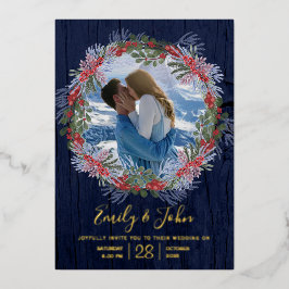 Elegante Hochzeit von Navy Blue & Gold Winter Flor Folieneinladung