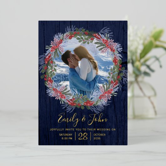 Elegante Hochzeit von Navy Blue & Gold Winter Flor Folieneinladung (Stehend vorne)