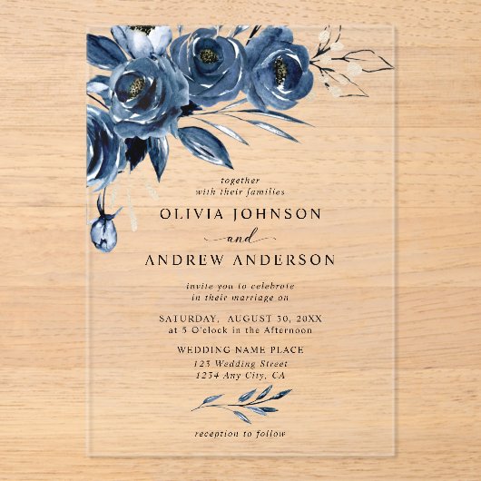 Elegante Hochzeit von Navy Blue Silver Watercolor  Acryleinladungen (Vorderseite)