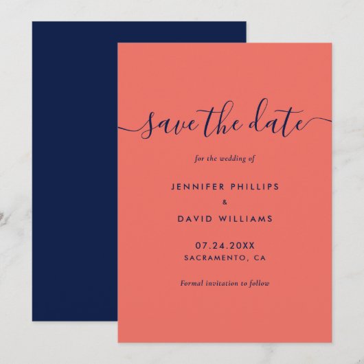 Elegante Hochzeit von Navy Blue und Coral Save The Date (Vorne/Hinten)