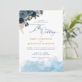 Elegante Hochzeit von Navy Blue und Gold Floral Einladung (Stehend Vorderseite)