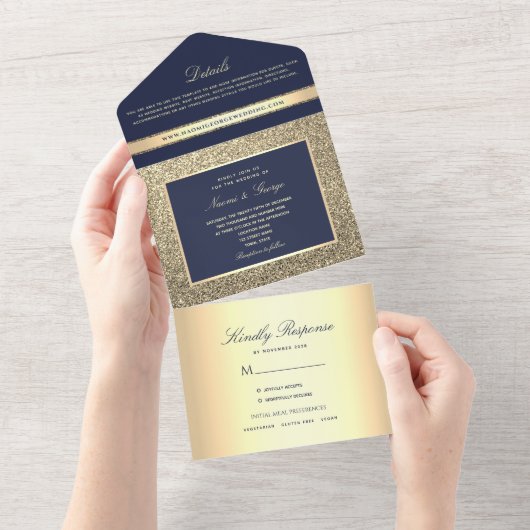 Elegante Hochzeit von Navy Blue und Gold Glitzer All In One Einladung (Abreißen)