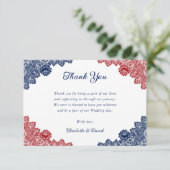 Elegante Hochzeit von Navy Blue und Red Floral Lac Dankeskarte (Stehend Vorderseite)