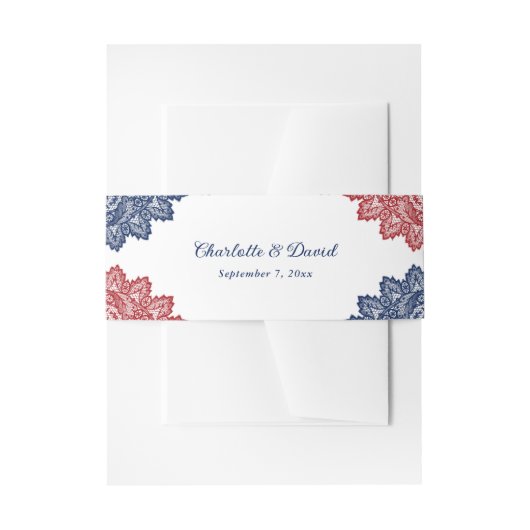 Elegante Hochzeit von Navy Blue und Red Floral Lac Einladungsbanderole (Vorderseite Beispiel)