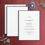 Elegante Hochzeit von Navy Blue & White Typografy Einladung<br><div class="desc">Eine wunderschöne typografische Hochzeitseinladung für einen Sommer oder eine Hochzeit im Herbst! Dieses schöne, elegante Design besticht durch einen marineblau blauen Rand und eine weiße Einladung mit moderner Typografie. Ein einfaches, minimalistisches Design. Vielen Dank für die Unterstützung unseres kleinen Unternehmens, wir wissen es wirklich zu schätzen! Wir freuen uns sehr,...</div>