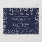 Elegante Hochzeit von Navy und Silver Floral Ankündigungspostkarte (Vorderseite)