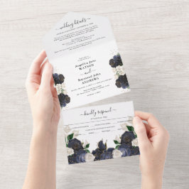 Elegante Hochzeit von Navy und White Floral All In One Einladung