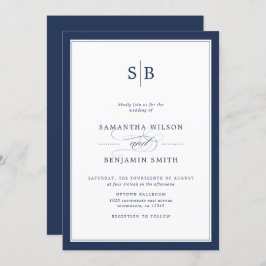 Elegante Hochzeit von Navy und White Monogram Einladung