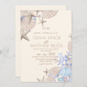 Elegante Hochzeit von Ocean dusty Blue & Beige Bea Einladung (Vorne/Hinten)