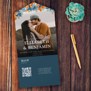 Elegante Hochzeit von QR-UAWG für Marine und Rost All In One Einladung