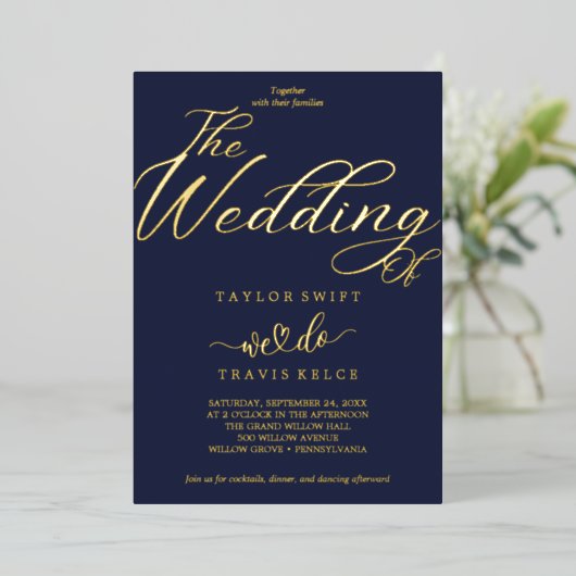Elegante Hochzeit von Seen und Gold Foil Folieneinladung (Stehend vorne)