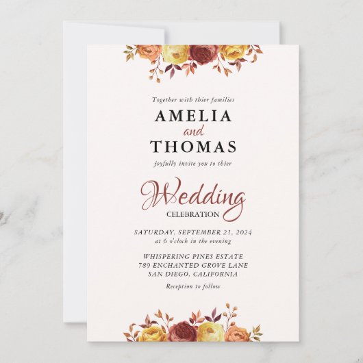 Elegante Hochzeit von Warm Fall Watercolor Einladung (Vorderseite)