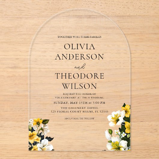 Elegante Hochzeit von Weiß und Gelb Acryleinladungen (Vorderseite)