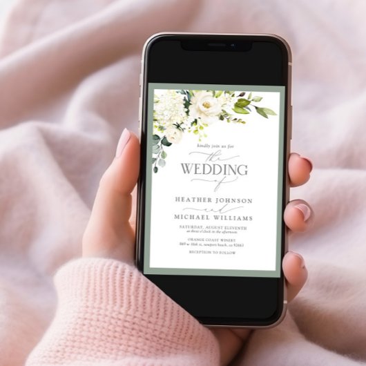 Elegante Hochzeit von White Grey Green Floral Einladung