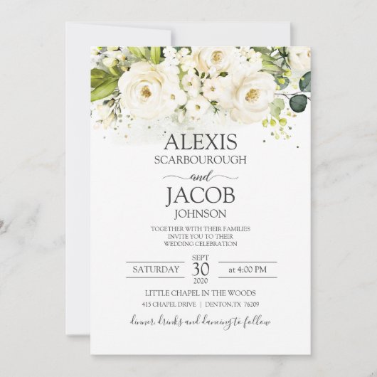 Elegante Hochzeit von White Rose & Gold Einladung (Vorderseite)