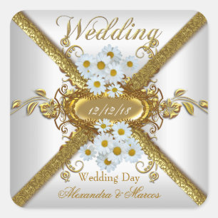 Elegante Hochzeit weiße Gänseblümchen Blumen Gold Quadratischer Aufkleber