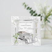 Elegante Hochzeit Weißes Gold Jahrgang Auto Damast Einladung (Stehend Vorderseite)