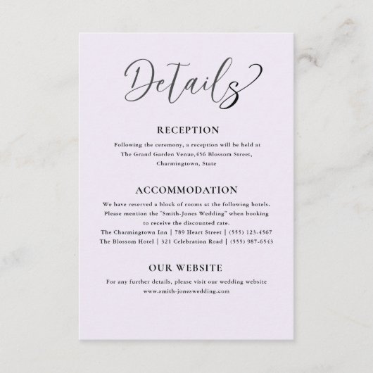 Elegante Hochzeitdetails Begleitkarte (Vorderseite)