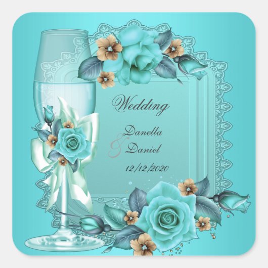 Elegante Hochzeiten Aquamarin Blue Beige Rose Blum Quadratischer Aufkleber (Vorderseite)