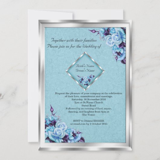 Elegante Hochzeiten Aquamarine Lila Rose Silver Bo Einladung (Rückseite)