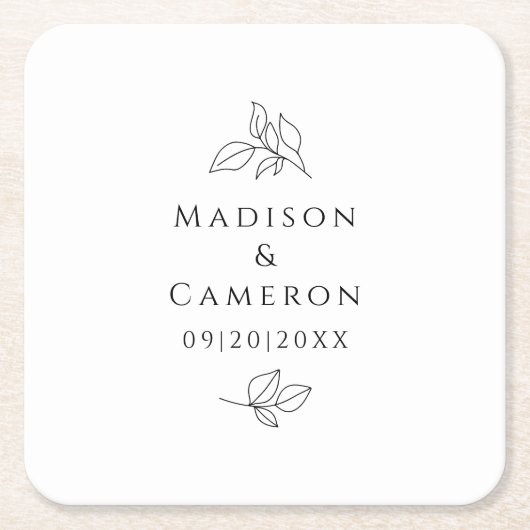 Elegante Hochzeiten Blätter Namen & Datum Schwarz- Rechteckiger Pappuntersetzer (Vorderseite)