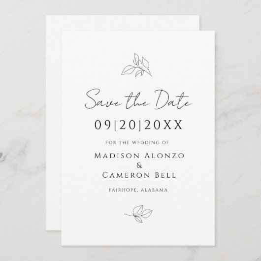 Elegante Hochzeiten Botanische Blätter Schwarz-wei Save The Date (Vorne/Hinten)