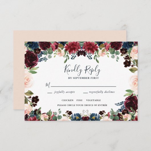 Elegante Hochzeiten in Burgund, Rosa und Navy RSVP Karte (Vorne/Hinten)