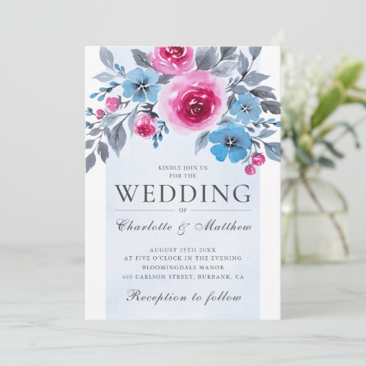 Elegante Hochzeiten in Rosa und Blau Einladung (Stehend Vorderseite)