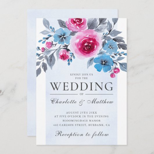 Elegante Hochzeiten in Rosa und Blau Einladung (Vorne/Hinten)