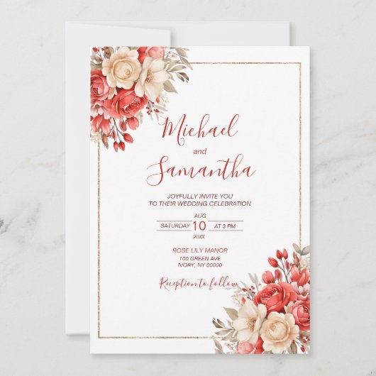 Elegante Hochzeiten in Rot und Elfenbeinküste Einladung (Vorderseite)