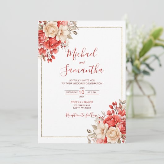 Elegante Hochzeiten in Rot und Elfenbeinküste Einladung (Stehend Vorderseite)