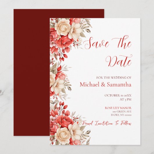 Elegante Hochzeiten in Rot und Elfenbeinküste Save The Date (Vorne/Hinten)
