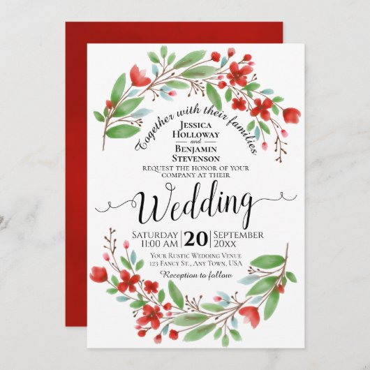 Elegante Hochzeiten mit Rot und Grün Einladung (Vorne/Hinten)