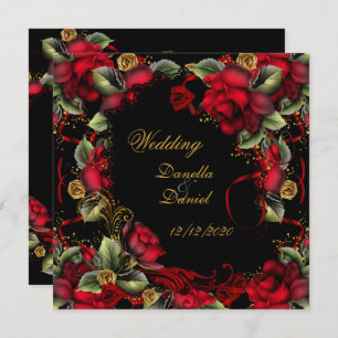 Elegante Hochzeiten Rote Rosen Gold Schwarz Einladung