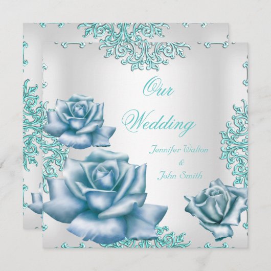 Elegante Hochzeiten Set Aquamarin Blue Rose Einladung (Vorne/Hinten)