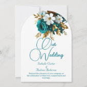 Elegante Hochzeiten Verzierte Aquamarine White Gol Einladung (Vorderseite)
