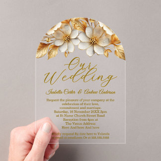 Elegante Hochzeiten Verzierte Blumencreme Gold Blu Acryleinladungen