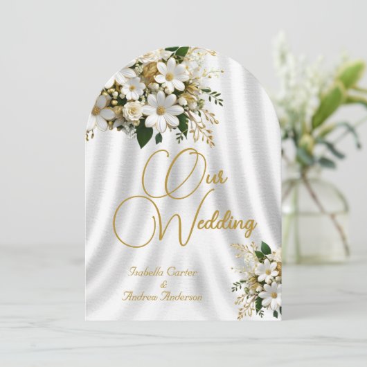 Elegante Hochzeiten Verzierte White-Gold-Blume Einladung (Stehend Vorderseite)
