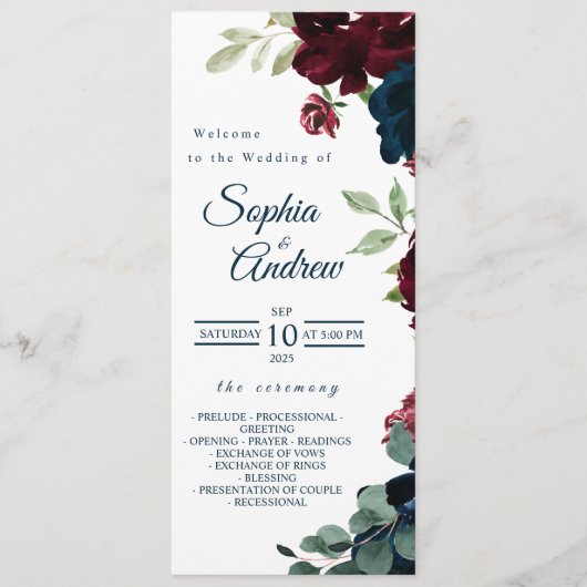Elegante Hochzeiten von Burgundy und Navy Blue Flo Programm (Vorderseite)