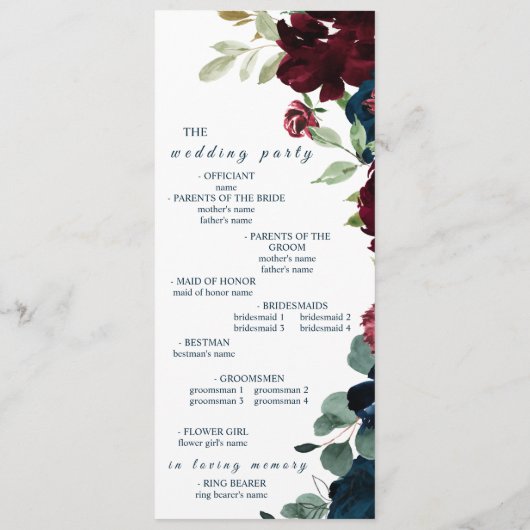 Elegante Hochzeiten von Burgundy und Navy Blue Flo Programm (Rückseite)