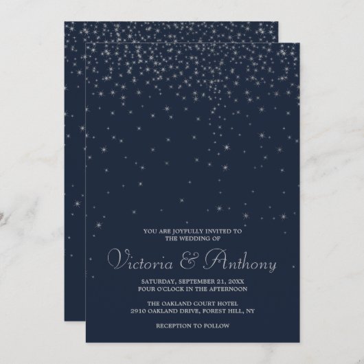 Elegante Hochzeiten von Navy & Silver Falling Star Einladung (Vorne/Hinten)