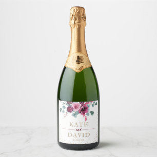 Elegante Hochzeitgold und bordeauxfarbene Blume Schaumweinetikett