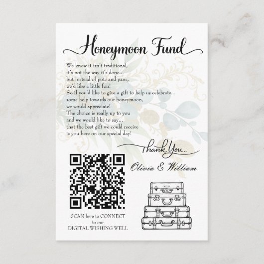 Elegante Hochzeits-Flitterwochen-Fonds QR-Code-Reg Begleitkarte (Vorderseite)