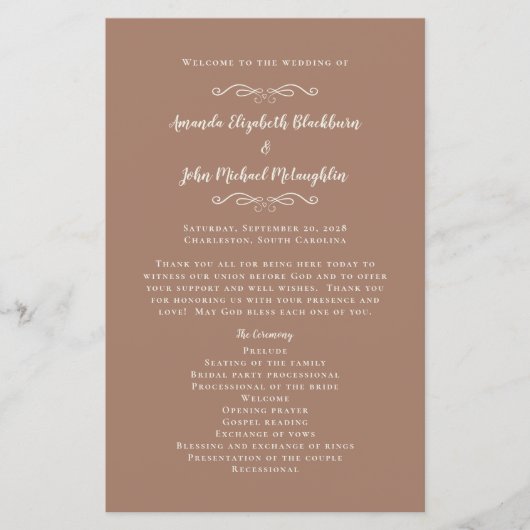 Elegante Hochzeits-Programme Mocha Moderne Trauzer (Vorderseite)