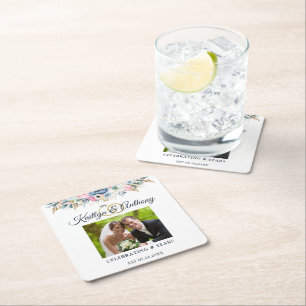 Elegante Hochzeits-Wasserfarben-Blumen-Foto-Ringe Rechteckiger Pappuntersetzer
